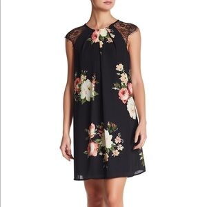 Bobeau Flower Print Lace Sleeve Dress